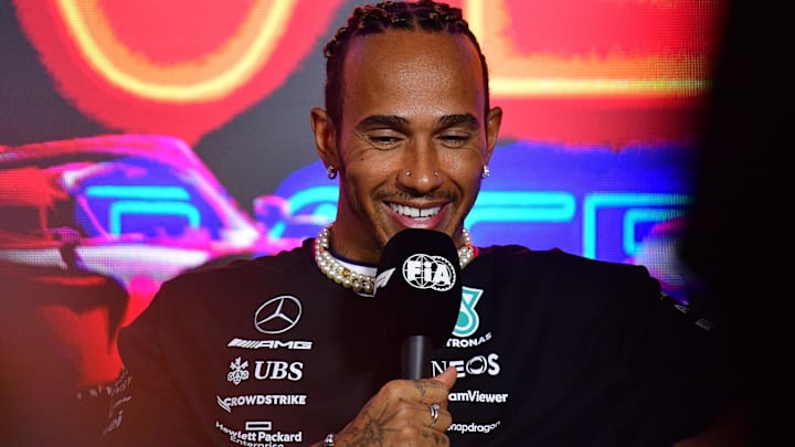 Nov 15, 2023; Las Vegas, Nevada, USA; Mercedes AMG Petronas driver Lewis Hamilton of Great Britain