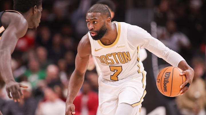 Jan 17, 2026; Atlanta, Georgia, USA; Boston Celtics guard Jaylen Brown (7) dribbles against the Atlanta Hawks in the third quarter at State Farm Arena. Mandatory Credit: Brett Davis-Imagn Images