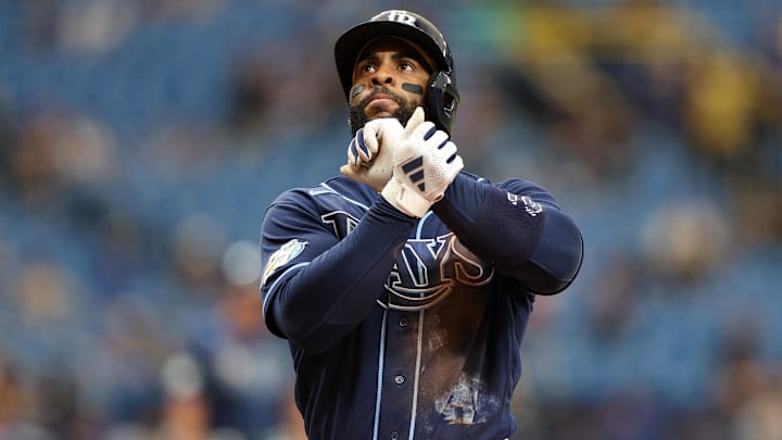 Tampa Bay Rays first baseman Yandy Diaz (2) reacts after hitting a home run against the Pittsburgh Pirates in the eighth inning at Tropicana Field. 
