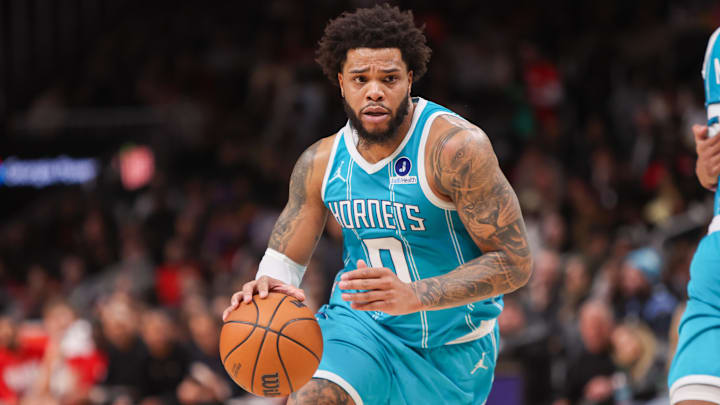 Feb 7, 2026; Atlanta, Georgia, USA; Charlotte Hornets forward Miles Bridges (0) drives to the basket against the Atlanta Hawks in the fourth quarter at State Farm Arena. Mandatory Credit: Brett Davis-Imagn Images