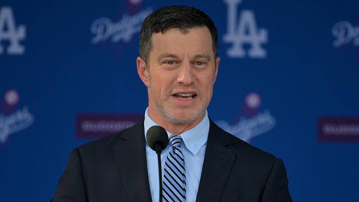 Jan 22, 2025; Los Angeles, CA, USA;  Andrew Friedman, President of baseball operations speaks during an introductory press conference for Los Angeles Dodgers pitcher Roki Sasaki (11) at Dodger Stadium. Mandatory Credit: Jayne Kamin-Oncea-Imagn Images