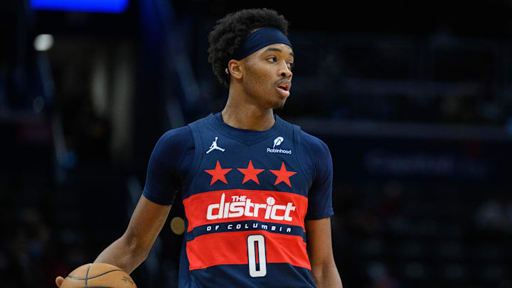 Mar 5, 2025; Washington, District of Columbia, USA; Washington Wizards guard Bilal Coulibaly (0) handles the ball during the second quarter against the Utah Jazz at Capital One Arena. Mandatory Credit: Reggie Hildred-Imagn Images