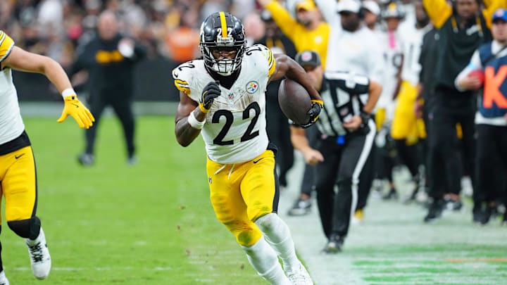 Oct 13, 2024; Paradise, Nevada, USA; Pittsburgh Steelers running back Najee Harris (22) gains yardage down the sidelines against the Las Vegas Raiders during the third quarter at Allegiant Stadium. Mandatory Credit: Stephen R. Sylvanie-Imagn Images