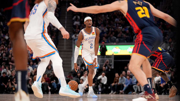 Jan 29, 2025; San Francisco, California, USA; Oklahoma City Thunder guard Shai Gilgeous-Alexander (2) dribbles the ball against the Golden State Warriors in the second quarter at the Chase Center. Mandatory Credit: Cary Edmondson-Imagn Images Jan 29, 2025; San Francisco, California, USA; Oklahoma City Thunder guard Shai Gilgeous-Alexander (2) dribbles the ball against the Golden State Warriors in the second quarter at the Chase Center. Mandatory Credit: Cary Edmondson-Imagn Images