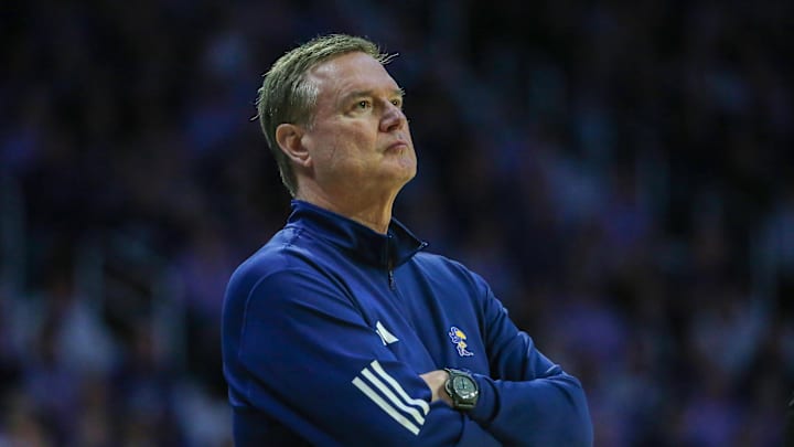 Feb 8, 2025; Manhattan, Kansas, USA; Kansas Jayhawks head coach Bill Self watches his team during the second half against the Kansas State Wildcats at Bramlage Coliseum. Mandatory Credit: Scott Sewell-Imagn Images Feb 8, 2025; Manhattan, Kansas, USA; Kansas Jayhawks head coach Bill Self watches his team during the second half against the Kansas State Wildcats at Bramlage Coliseum. Mandatory Credit: Scott Sewell-Imagn Images