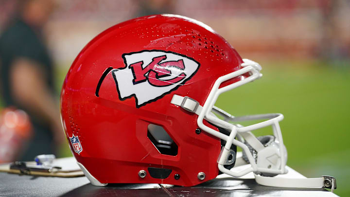Aug 22, 2025; Kansas City, Missouri, USA; A general view of a Kansas City Chiefs helmet against the Chicago Bears during the first half of the game at GEHA Field at Arrowhead Stadium. Mandatory Credit: Denny Medley-Imagn Images