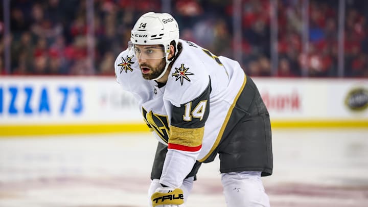 Apr 15, 2025; Calgary, Alberta, CAN; Vegas Golden Knights defenseman Nicolas Hague (14) against the Calgary Flames during the first period at Scotiabank Saddledome. Mandatory Credit: Sergei Belski-Imagn Images