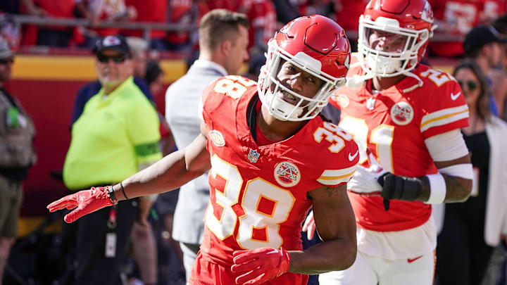 Oct 12, 2023; Kansas City, Missouri, USA; Kansas City Chiefs cornerback L'Jarius Sneed (38) takes