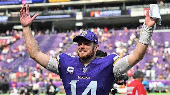 Sep 15, 2024; Minneapolis, Minnesota, USA; Minnesota Vikings quarterback Sam Darnold (14) reacts after the game against the San Francisco 49ers at U.S. Bank Stadium. Sep 15, 2024; Minneapolis, Minnesota, USA; Minnesota Vikings quarterback Sam Darnold (14) reacts after the game against the San Francisco 49ers at U.S. Bank Stadium.