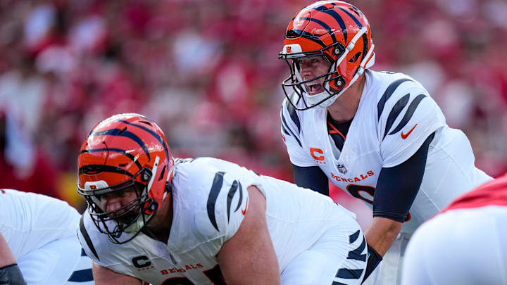 Cincinnati Bengals quarterback Joe Burrow (9) counts off in the first quarter of the NFL Week 2 game between the Kansas City Chiefs and the Cincinnati Bengals at Arrowhead Stadium in Kansas City on Sunday, Sept. 15, 2024. The Bengals led 16-10 at halftime. Cincinnati Bengals quarterback Joe Burrow (9) counts off in the first quarter of the NFL Week 2 game between the Kansas City Chiefs and the Cincinnati Bengals at Arrowhead Stadium in Kansas City on Sunday, Sept. 15, 2024. The Bengals led 16-10 at halftime.
