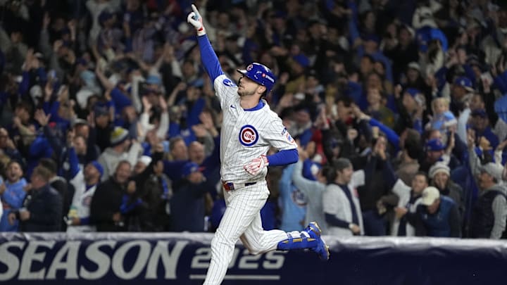 Oct 9, 2025; Chicago, Illinois, USA; Chicago Cubs right fielder Kyle Tucker (30) reacts after hitting a home run against the Milwaukee Brewers during the seventh inning for game four of the NLDS round for the 2025 MLB playoffs at Wrigley Field. Mandatory Credit: David Banks-Imagn Images