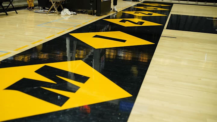 Dec 3, 2023; Columbia, Missouri, USA; A general view of the end court logo prior to a game between the Missouri Tigers and Wichita State Shockers at Mizzou Arena. Mandatory Credit: Denny Medley-Imagn Images Dec 3, 2023; Columbia, Missouri, USA; A general view of the end court logo prior to a game between the Missouri Tigers and Wichita State Shockers at Mizzou Arena. Mandatory Credit: Denny Medley-Imagn Images