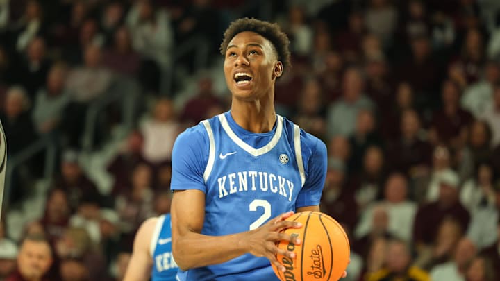 Jan 11, 2025; Starkville, Mississippi, USA; Kentucky Wildcats guard Jaxson Robinson (2) reacts against the Mississippi State Bulldogs during the first half at Humphrey Coliseum. Mandatory Credit: Wesley Hale-Imagn Images