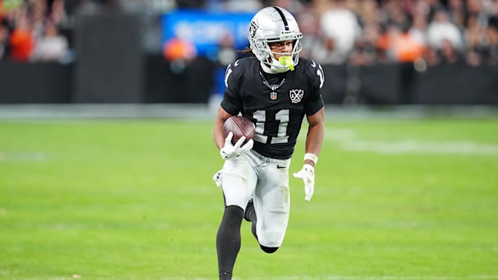 Nov 24, 2024; Paradise, Nevada, USA; Las Vegas Raiders wide receiver Tre Tucker (11) gains yardage against the Denver Broncos during the fourth quarter at Allegiant Stadium. Mandatory Credit: Stephen R. Sylvanie-Imagn Images Nov 24, 2024; Paradise, Nevada, USA; Las Vegas Raiders wide receiver Tre Tucker (11) gains yardage against the Denver Broncos during the fourth quarter at Allegiant Stadium. Mandatory Credit: Stephen R. Sylvanie-Imagn Images