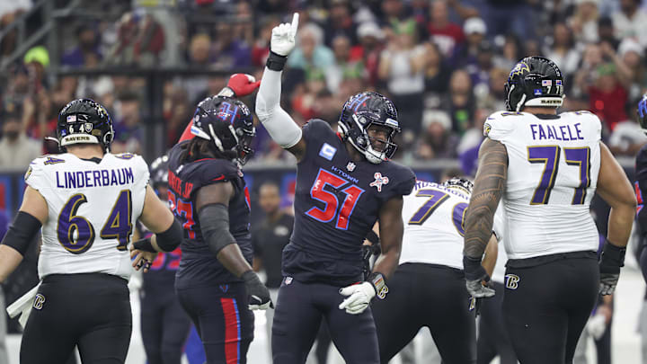 Dec 25, 2024; Houston, Texas, USA;  Houston Texans defensive end Will Anderson Jr. (51) reacts after a play during the first half against the Baltimore Ravens at NRG Stadium. Mandatory Credit: Troy Taormina-Imagn Images