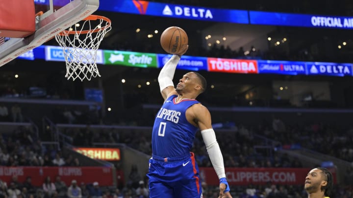 Los Angeles Clippers guard Russell Westbrook (0) goes up for a dunk in the second half against the Utah Jazz.