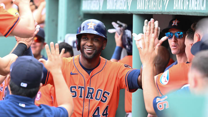 Aug 11, 2024; Boston, Massachusetts, USA; Houston Astros left fielder Yordan Alvarez (44) reacts to hitting a home run during the fifth inning against the Boston Red Sox at Fenway Park. 