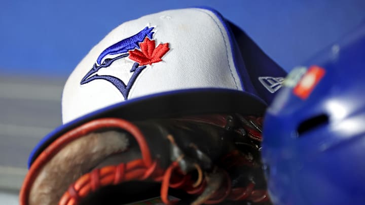 Oct 8, 2025; Bronx, New York, USA; A view of a Toronto Blue Jays hat before game four of the ALDS round for the 2025 MLB playoffs between the New York Yankees and the Toronto Blue Jays at Yankee Stadium. Mandatory Credit: Brad Penner-Imagn Images