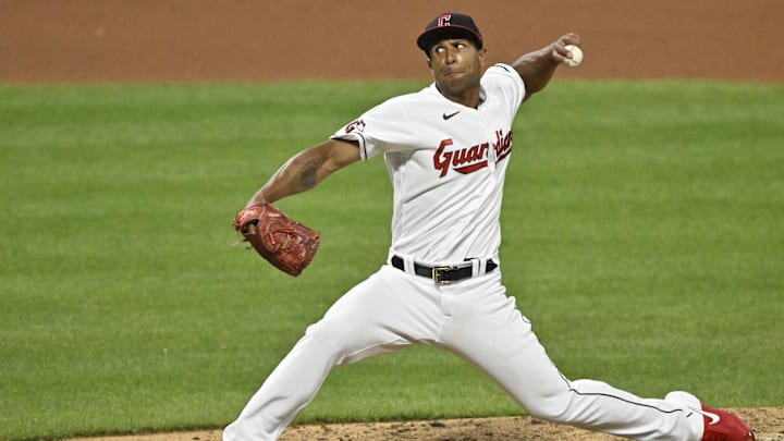 Jun 28, 2022; Cleveland, Ohio, USA; Cleveland Guardians relief pitcher Anthony Gose (26) delivers a pitch in the seventh inning against the Minnesota Twins at Progressive Field. Mandatory Credit: David Richard-Imagn Images