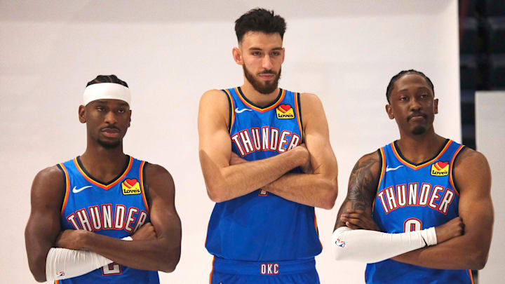 Shai Gilgeous-Alexander (2), Chet Holmgren (7) and Jalen Williams (8) during the Thunder Media Day for the 25-26 NBA season at the Paycom Center Monday, Sept. 29, 2025. Shai Gilgeous-Alexander (2), Chet Holmgren (7) and Jalen Williams (8) during the Thunder Media Day for the 25-26 NBA season at the Paycom Center Monday, Sept. 29, 2025.