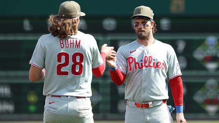 May 17, 2026; Pittsburgh, Pennsylvania, USA; Philadelphia Phillies third baseman Alec Bohm (28) and first baseman Bryce Harper (right) celebrate after defeating the Pittsburgh Pirates at PNC Park. Mandatory Credit: Charles LeClaire-Imagn Images May 17, 2026; Pittsburgh, Pennsylvania, USA; Philadelphia Phillies third baseman Alec Bohm (28) and first baseman Bryce Harper (right) celebrate after defeating the Pittsburgh Pirates at PNC Park. Mandatory Credit: Charles LeClaire-Imagn Images