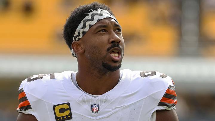 Oct 12, 2025; Pittsburgh, Pennsylvania, USA; Cleveland Browns defensive end Myles Garrett (95) warms up before the game at Acrisure Stadium. Mandatory Credit: Charles LeClaire-Imagn Images