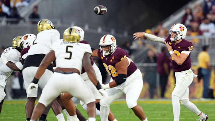 Nov 9, 2024; Tempe, Arizona, USA; Arizona State Sun Devils quarterback Sam Leavitt (10) throws against the UCF Knights during the first half at Mountain America Stadium, Home of the ASU Sun Devils. Mandatory Credit: Joe Camporeale-Imagn Images