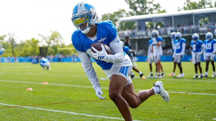 Detroit Lions wide receiver Amon-Ra St. Brown (14) practices during training camp at Meijer Performance Center in Allen Park on Monday, August 10, 2026. Detroit Lions wide receiver Amon-Ra St. Brown (14) practices during training camp at Meijer Performance Center in Allen Park on Monday, August 10, 2026.