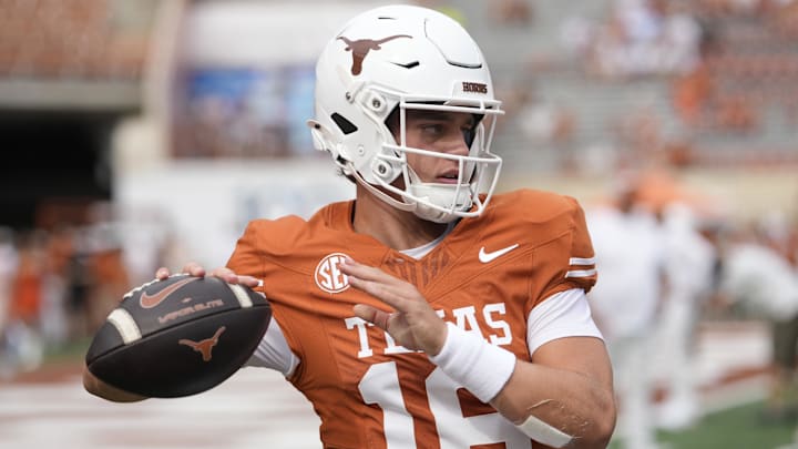Sep 6, 2025; Austin, Texas, USA; Texas Longhorns quarterback Arch Manning (16) warms up before the game against San Jose State Spartans at Darrell K Royal-Texas Memorial Stadium. Mandatory Credit: Scott Wachter-Imagn Images