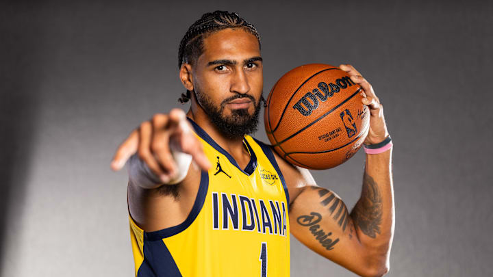 Sep 29, 2025; Indianapolis, IN, USA;  Indiana Pacers forward Obi Toppin (1) poses for a photo during media day. Mandatory Credit: Trevor Ruszkowski-Imagn Images