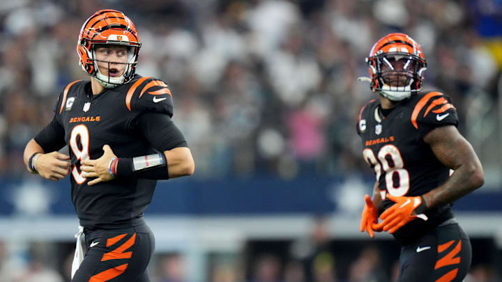 Cincinnati Bengals quarterback Joe Burrow (9) and running back Joe Mixon.