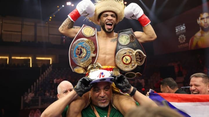 Oscar Collazo celebrates following his fight on the Riyadh Season Latino Night at Kingdom Arena on November 16, 2024 in Riyadh, Saudi Arabia.