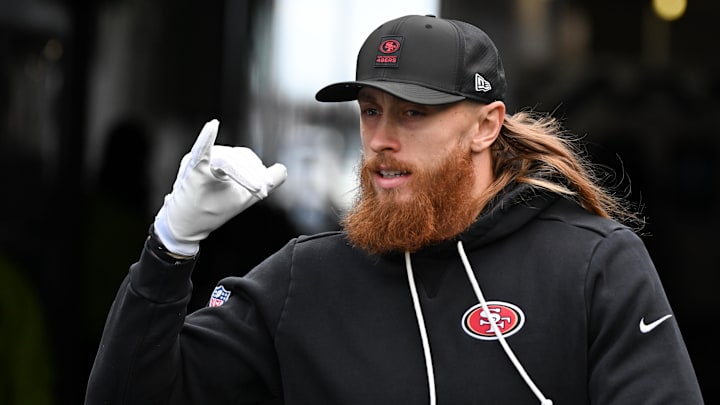 Jan 11, 2026; Philadelphia, PA, USA; San Francisco 49ers tight end George Kittle (85) looks on during warmups prior to an NFC Wild Card Round game against the Philadelphia Eagles at Lincoln Financial Field. Mandatory Credit: Eric Hartline-Imagn Images