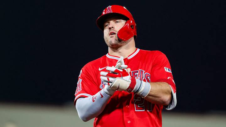 Sep 23, 2026; West Sacramento, California, USA; Los Angeles Angels designated hitter Mike Trout (27) reacts after hitting a single during the seventh inning against the Athletics at Sutter Health Park. Mandatory Credit: Sergio Estrada-Imagn Images Sep 23, 2026; West Sacramento, California, USA; Los Angeles Angels designated hitter Mike Trout (27) reacts after hitting a single during the seventh inning against the Athletics at Sutter Health Park. Mandatory Credit: Sergio Estrada-Imagn Images