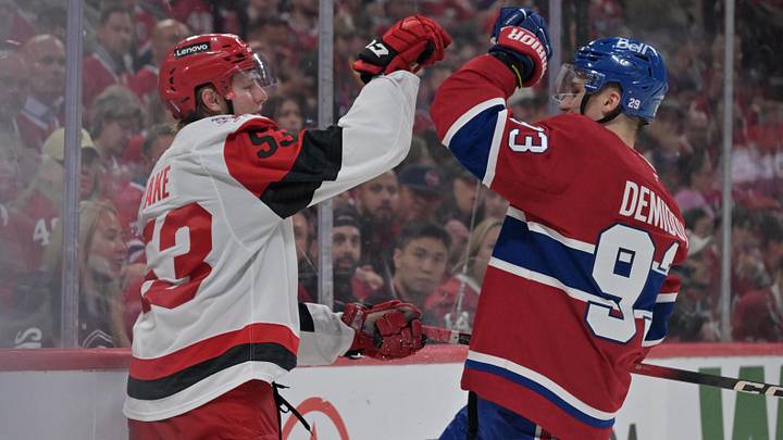 May 25, 2026; Montreal, Quebec, CAN; Carolina Hurricanes right wing Jackson Blake (53) and Montreal Canadiens right wing Ivan Demidov (93) react after a play during overtime in game three of the Eastern Conference Final of the 2026 Stanley Cup Playoffs at Bell Centre. Mandatory Credit: Eric Bolte-Imagn Images May 25, 2026; Montreal, Quebec, CAN; Carolina Hurricanes right wing Jackson Blake (53) and Montreal Canadiens right wing Ivan Demidov (93) react after a play during overtime in game three of the Eastern Conference Final of the 2026 Stanley Cup Playoffs at Bell Centre. Mandatory Credit: Eric Bolte-Imagn Images
