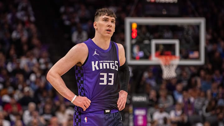 Mar 20, 2025; Sacramento, California, USA; Sacramento Kings forward Jake LaRavia (33) looks on during the fourth quarter of the game against the Chicago Bulls at Golden 1 Center. Mandatory Credit: Ed Szczepanski-Imagn Images