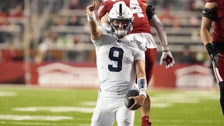 Oct 26, 2024; Madison, Wisconsin, USA;  Penn State Nittany Lions quarterback Beau Pribula (9) celebrates after earning a first down during the fourth quarter against the Wisconsin Badgers at Camp Randall Stadium.