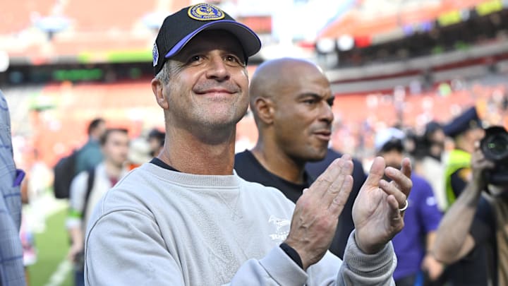 Oct 1, 2023; Cleveland, Ohio, USA; Baltimore Ravens head coach John Harbaugh walks off the field after a win over the Cleveland Browns at Cleveland Browns Stadium. Mandatory Credit: David Richard-Imagn Images