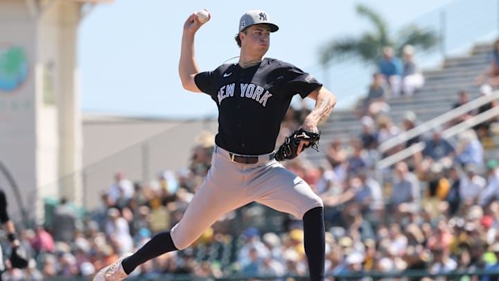 Mar 11, 2025; Bradenton, Florida, USA;  New York Yankees starting pitcher Cam Schlittler (76) throws a pitch during the second inning against the Pittsburgh Pirates at LECOM Park. Mandatory Credit: Kim Klement Neitzel-Imagn Images