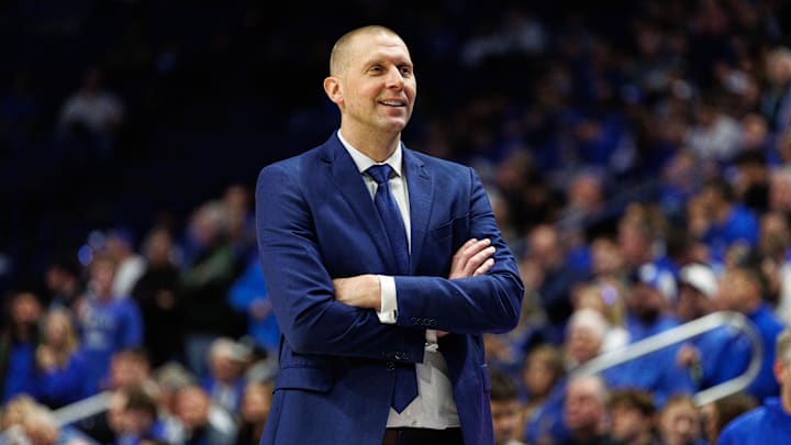 Nov 22, 2024; Lexington, Kentucky, USA; Kentucky Wildcats head coach Mark Pope smiles during the second half against the Jackson State Tigers at Rupp Arena at Central Bank Center. Mandatory Credit: Jordan Prather-Imagn Images