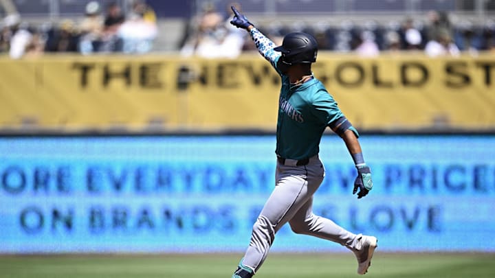 Seattle Mariners center fielder Julio Rodriguez rounds the bases during a Spring Training game against the San Diego Padres on March 26. Seattle Mariners center fielder Julio Rodriguez rounds the bases during a Spring Training game against the San Diego Padres on March 26.
