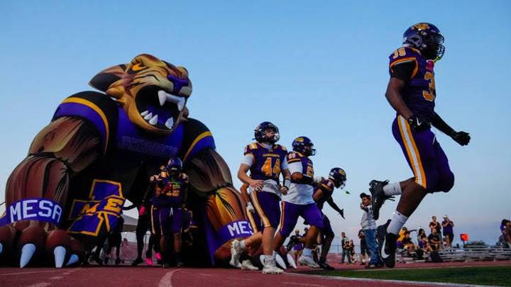 Mesa takes the field to play Liberty during a game at Mesa high school in Mesa, on Aug. 28, 2026. Mesa takes the field to play Liberty during a game at Mesa high school in Mesa, on Aug. 28, 2026.