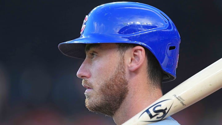 Jul 10, 2024; Baltimore, Maryland, USA; Chicago Cubs outfielder Cody Bellinger (24) prior to his first at bat in the first inning against the Baltimore Orioles at Oriole Park at Camden Yards