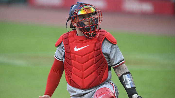 Sep 18, 2024; Cleveland, Ohio, USA; Minnesota Twins catcher Christian Vazquez (8) looks back to the umpire in the first inning against the Cleveland Guardians at Progressive Field. Sep 18, 2024; Cleveland, Ohio, USA; Minnesota Twins catcher Christian Vazquez (8) looks back to the umpire in the first inning against the Cleveland Guardians at Progressive Field.
