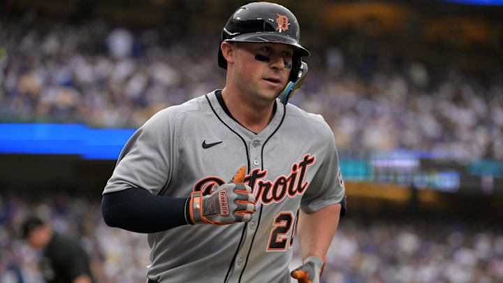 Mar 27, 2025; Los Angeles, California, USA; Detroit Tigers first base Spencer Torkelson (20) reacts after hitting a solo home run against the Los Angeles Dodgers during the seventh inning at Dodger Stadium. Mandatory Credit: Jayne Kamin-Oncea-Imagn Images