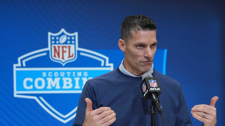Feb 27, 2025; Indianapolis, IN, USA; Houston Texans general manager Nick Caserio speaks during the 2025 NFL Scouting Combine at the Indiana Convention Center. Mandatory Credit: Kirby Lee-Imagn Images