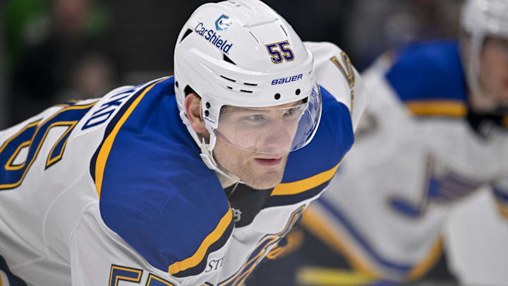 Mar 2, 2025; Dallas, Texas, USA; St. Louis Blues defenseman Colton Parayko (55) during the game between the Dallas Stars and the St. Louis Blues at the American Airlines Center. Mandatory Credit: Jerome Miron-Imagn Images