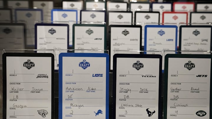 Aug 5, 2022; Canton, OH, USA; The 2022 NFL Draft cards of first-round picks Travon Walker (Jacksonville Jaguars), Aidan Hutchinson (Detroit Lions), Derek Stingley (Texans) and Ahmad Gardner (Jets) on display at the Pro Football Hall of Fame. 