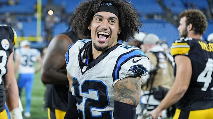 Aug 21, 2025; Charlotte, North Carolina, USA; Carolina Panthers safety Lathan Ransom (22) after the second half against the Pittsburgh Steelers at Bank of America Stadium. 