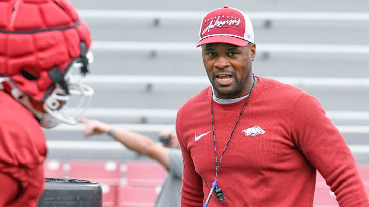 Arkansas Razorbacks defensive coordinator Travis Williams during drills at spring practice inside Razorback Stadium. Arkansas Razorbacks defensive coordinator Travis Williams during drills at spring practice inside Razorback Stadium.